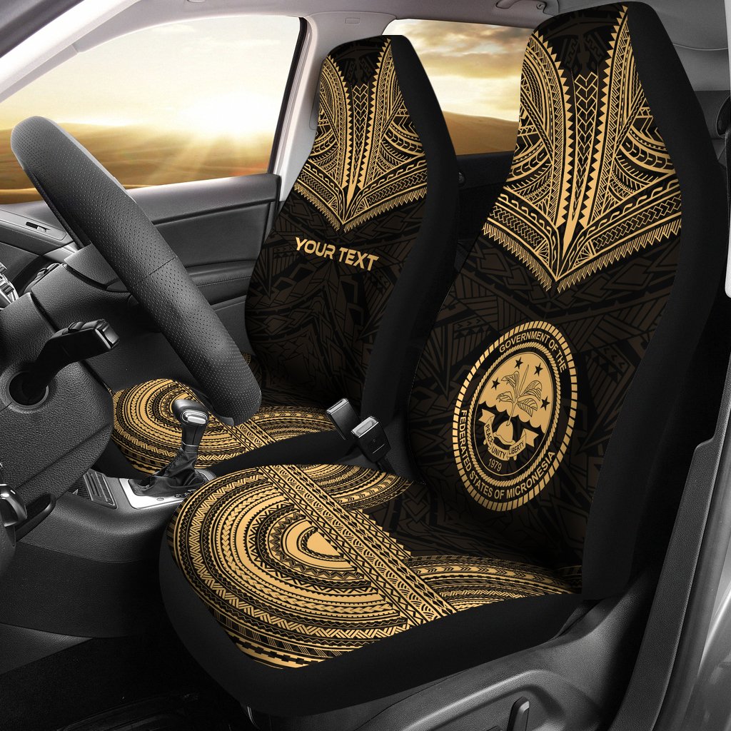 Federated States of Micronesia Custom Personalised Car Seat Cover - FSM Seal Polynesian Chief Tattoo Gold Version Universal Fit Gold - Polynesian Pride