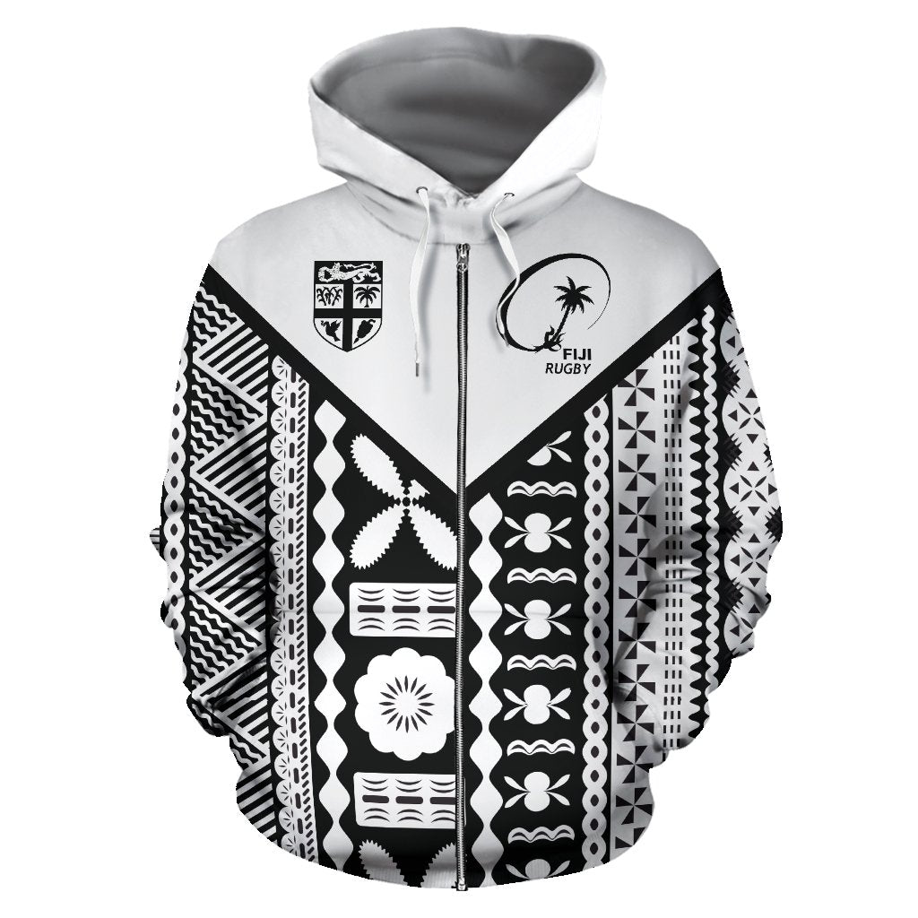 Fiji Rugby Tapa Zip up Hoodie Unisex White - Polynesian Pride