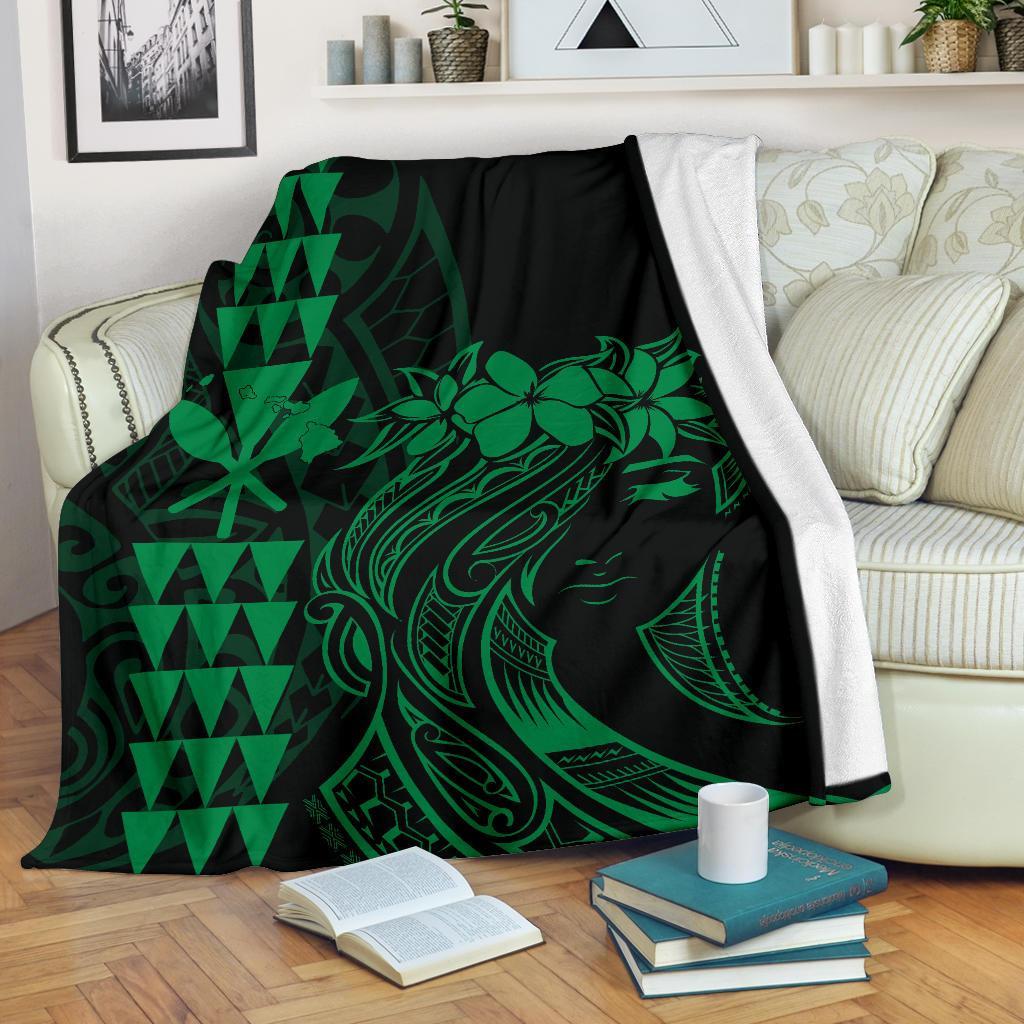 Hawaii Map Kanaka Polynesian Hula Girl Premium Blanket - Green White - Polynesian Pride