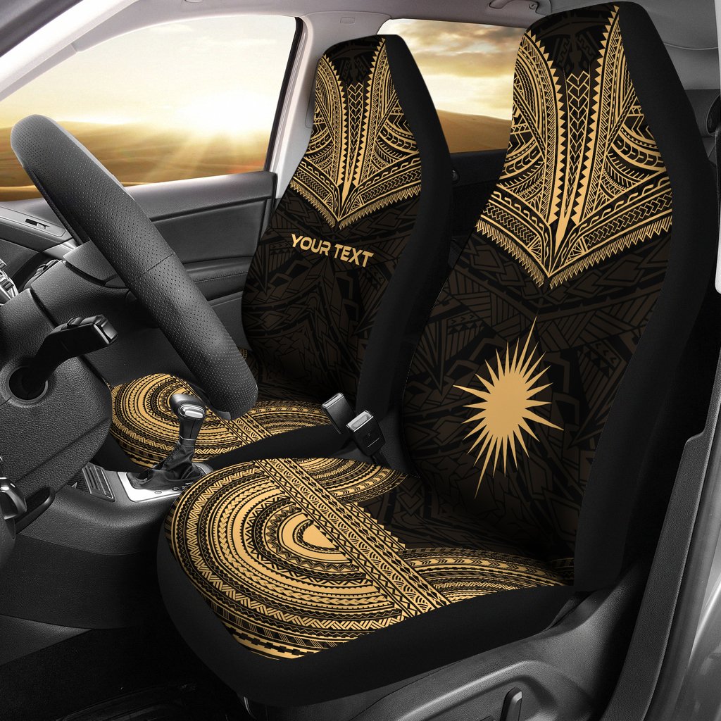 Marshall Islands Custom Personalised Car Seat Cover - Marshall Islands Flag Polynesian Chief Tattoo Gold Version Universal Fit Gold - Polynesian Pride