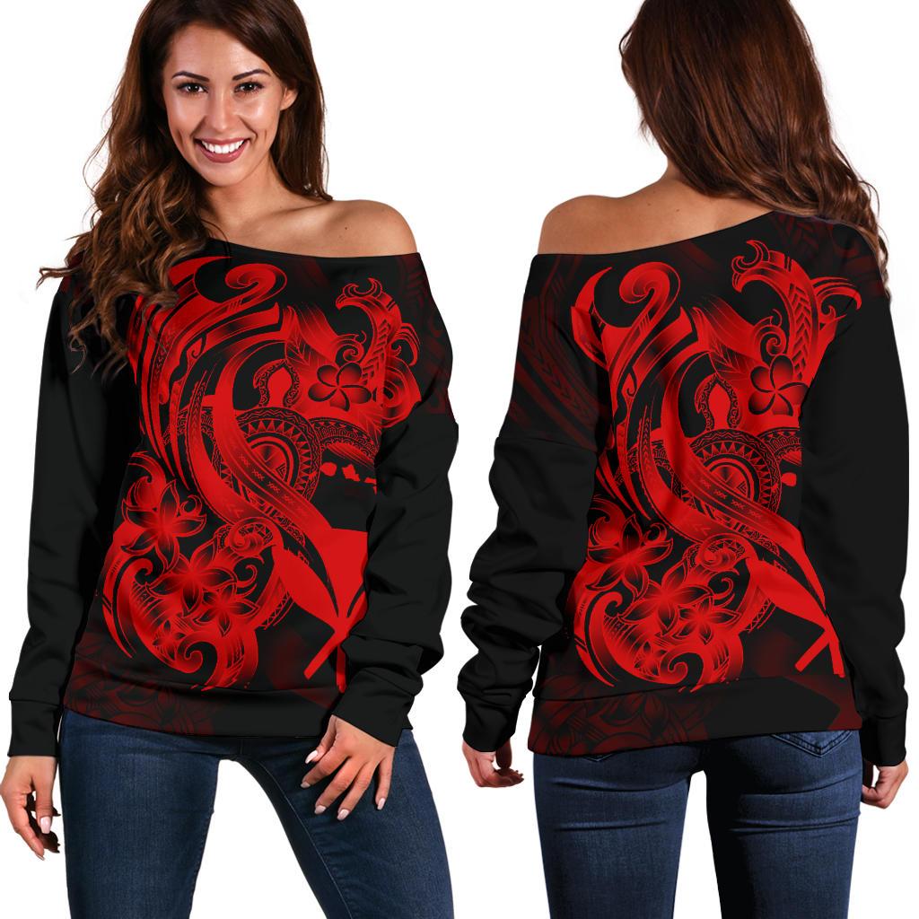 Polynesian Hawaii Women's Off Shoulder Sweater - Kanaka Maoli Red Turtle Red - Polynesian Pride