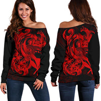 Polynesian Hawaii Women's Off Shoulder Sweater - Kanaka Maoli Red Turtle Red - Polynesian Pride