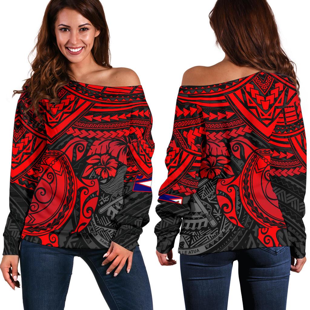 American Samoa Polynesian Women's Off Shoulder Sweater - Red Turtle RED - Polynesian Pride