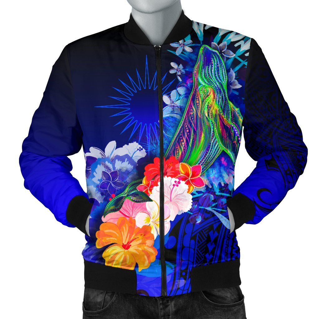 Marshall Islands Men's Bomber Jacket - Humpback Whale with Tropical Flowers (Blue) Blue - Polynesian Pride