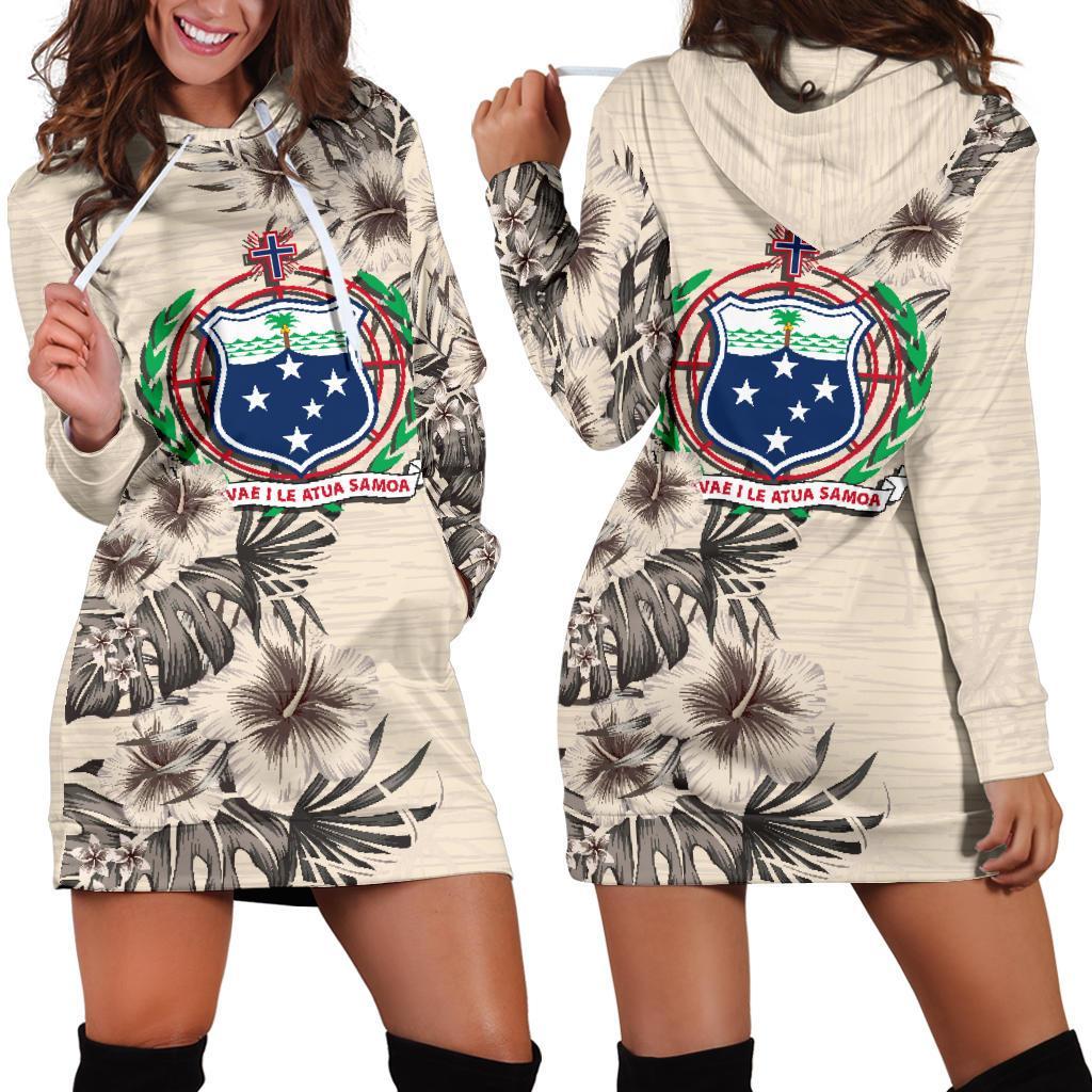 Samoa Hoodie Dress - Samoa Coat Of Arms & Beige Hibiscus White - Polynesian Pride