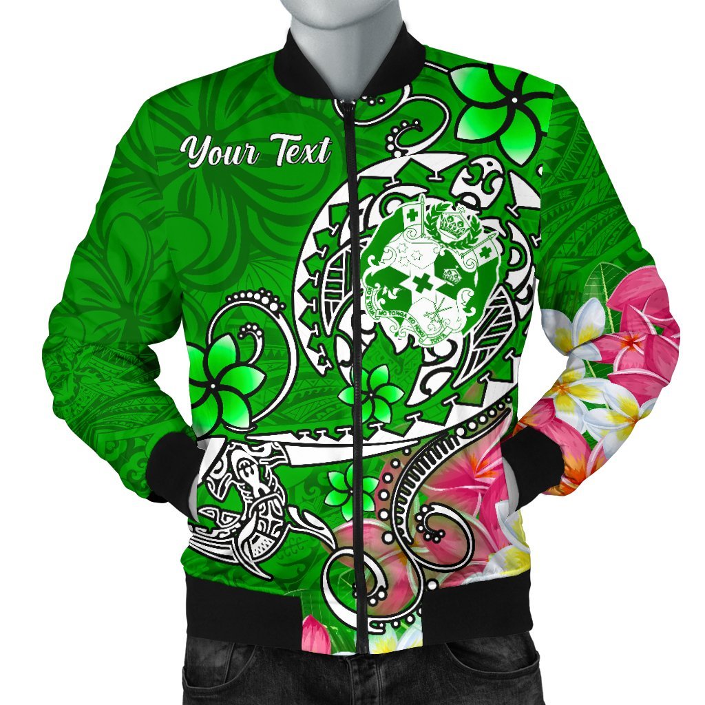 Tonga Custom Personalised Men's Bomber Jacket - Turtle Plumeria (Green) Green - Polynesian Pride