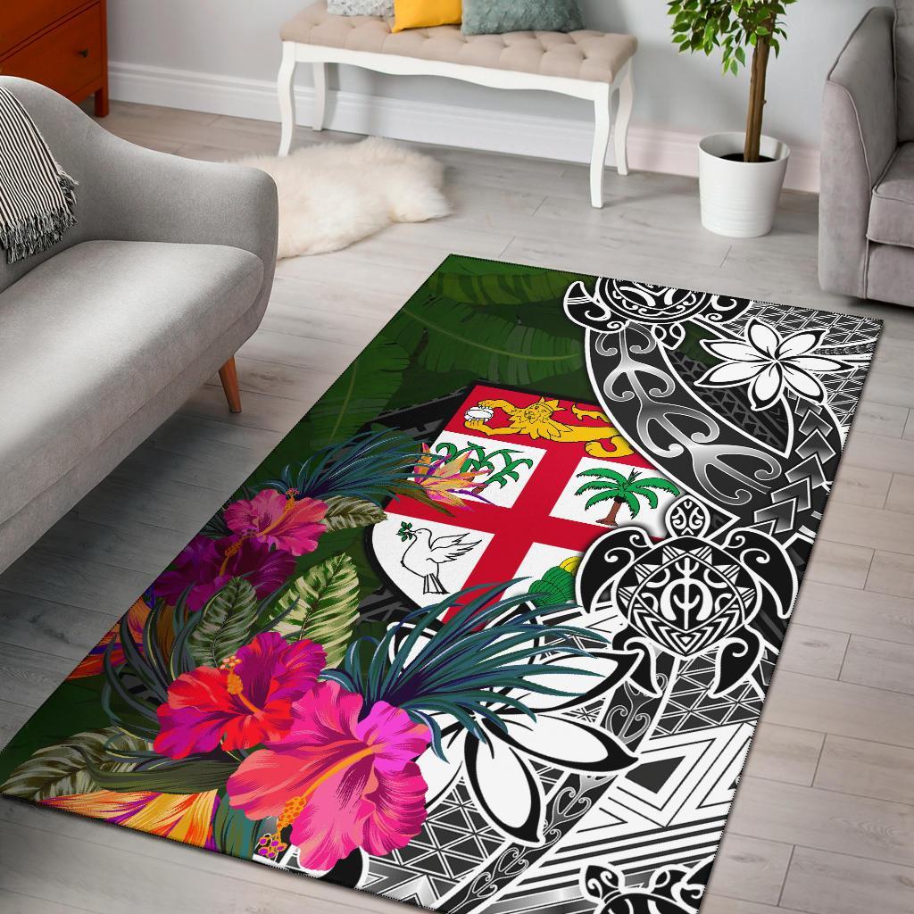 Fiji Area Rug - Turtle Plumeria Banana Leaf Black - Polynesian Pride