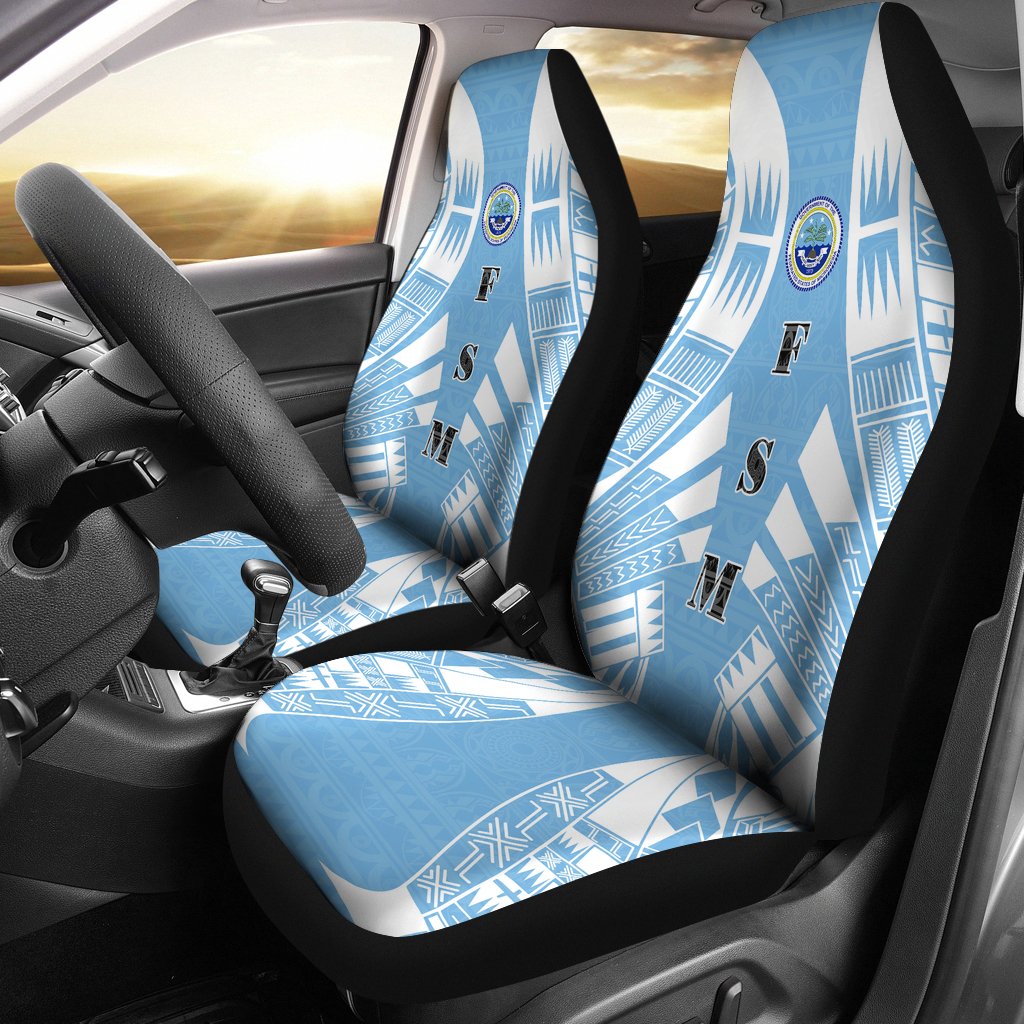 Federated States of Micronesia Car Seat Covers - F S M Seal Polynesian Tattoo Flag Universal Fit SkyBlue - Polynesian Pride