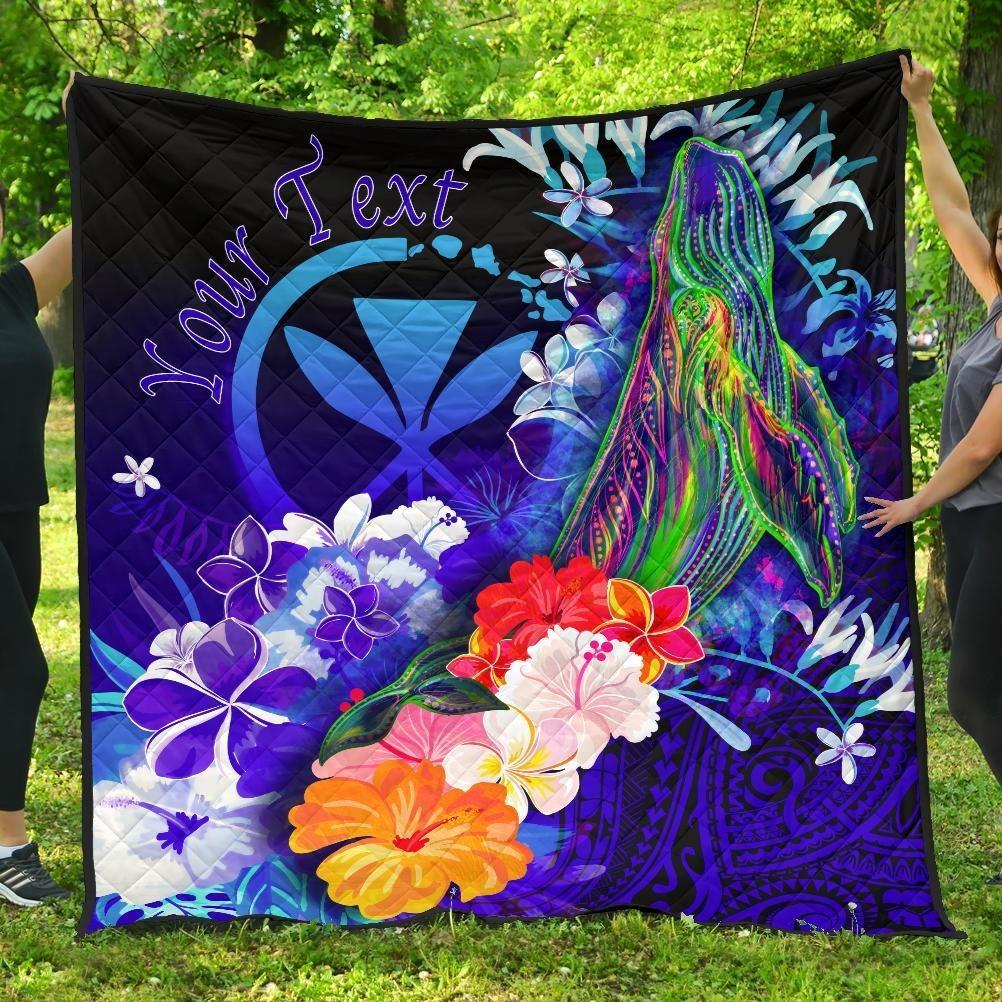 Polynesian Hawaii Custom Personalised Premium Quilt - Kanaka Maoli Humpback Whale with Tropical Flowers (Blue) Blue - Polynesian Pride