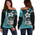 Pohnpei Micronesia Women Off Shoulder Sweater Turquoise - Turtle With Hook Turquoise - Polynesian Pride