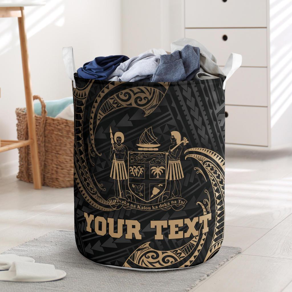 Fiji Polynesian Custom Personalised Laundry Basket - Gold Tribal Wave One Style One Size Black - Polynesian Pride