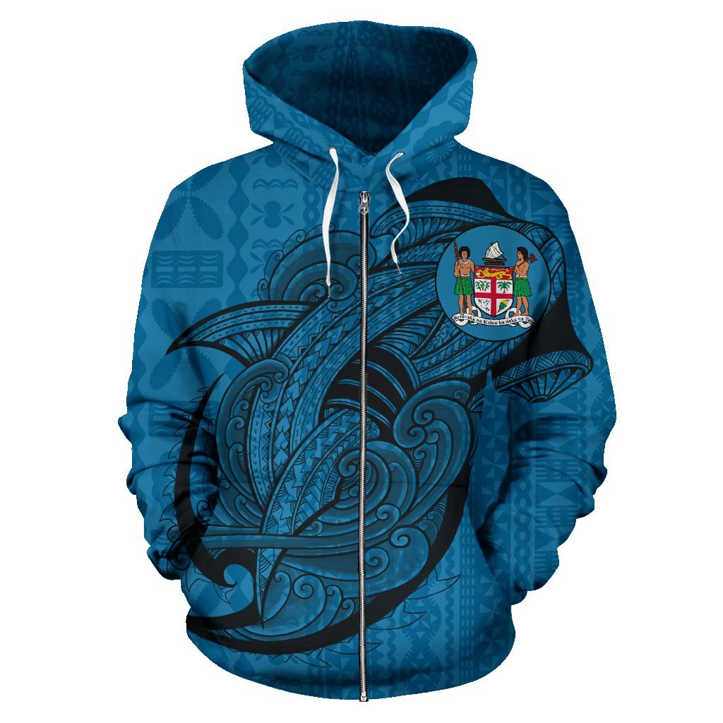 Fiji All Over Zip up Hoodie Shark Coat of Arms Unisex Blue - Polynesian Pride