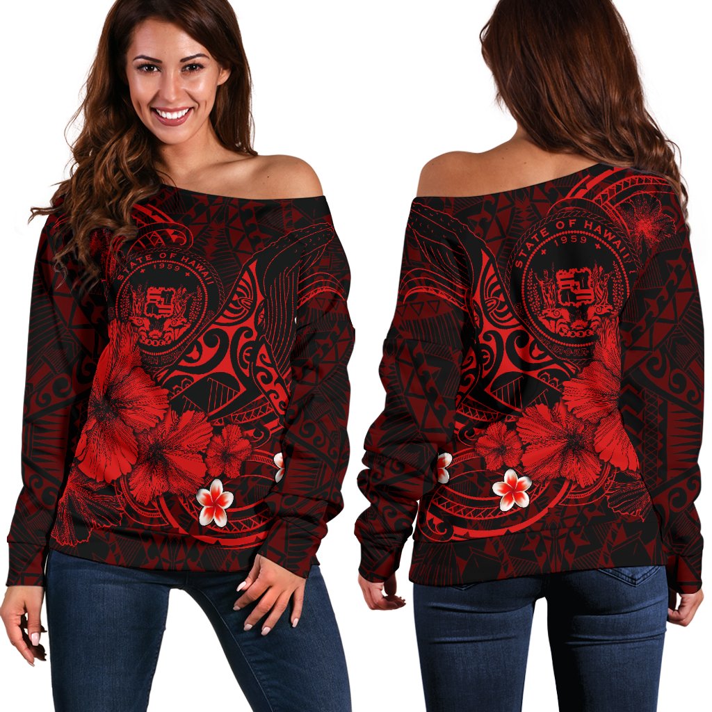 Polynesian Hawaii Off Shoulder Sweater - Humpback Whale with Hibiscus (Red) Red - Polynesian Pride