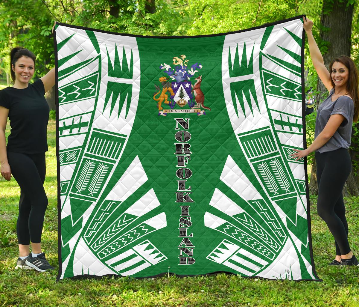 Norfolk Island Premium Quilt - Norfolk Island Coat Of Arms Polynesian White Tattoo (Green) - Polynesian Pride