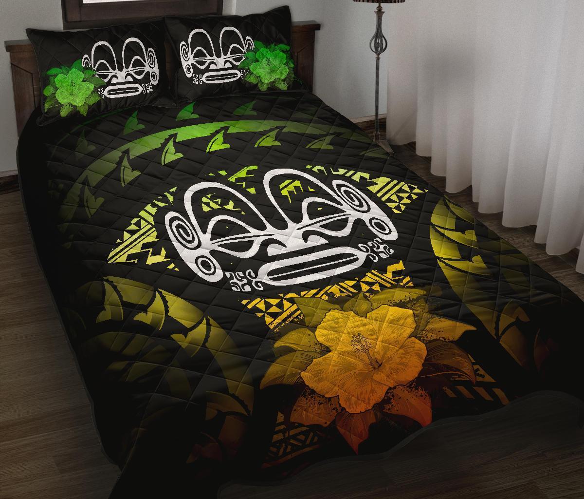 Marquesas Islands Polynesian Quilt Bed Set Hibiscus Reggae Black - Polynesian Pride