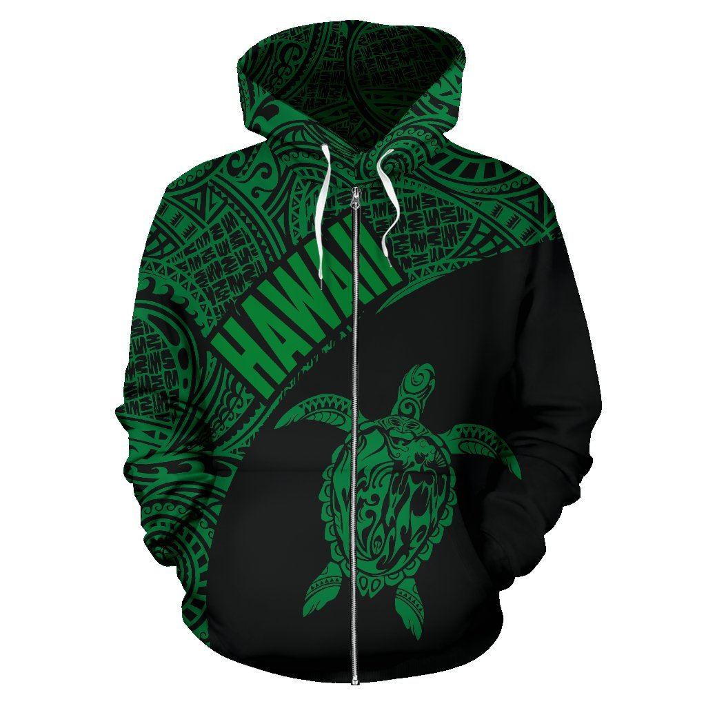 Hawaii Zip up Hoodie Hawaii Turtle Mermaid Polynesian Tattoo Green Version - Polynesian Pride