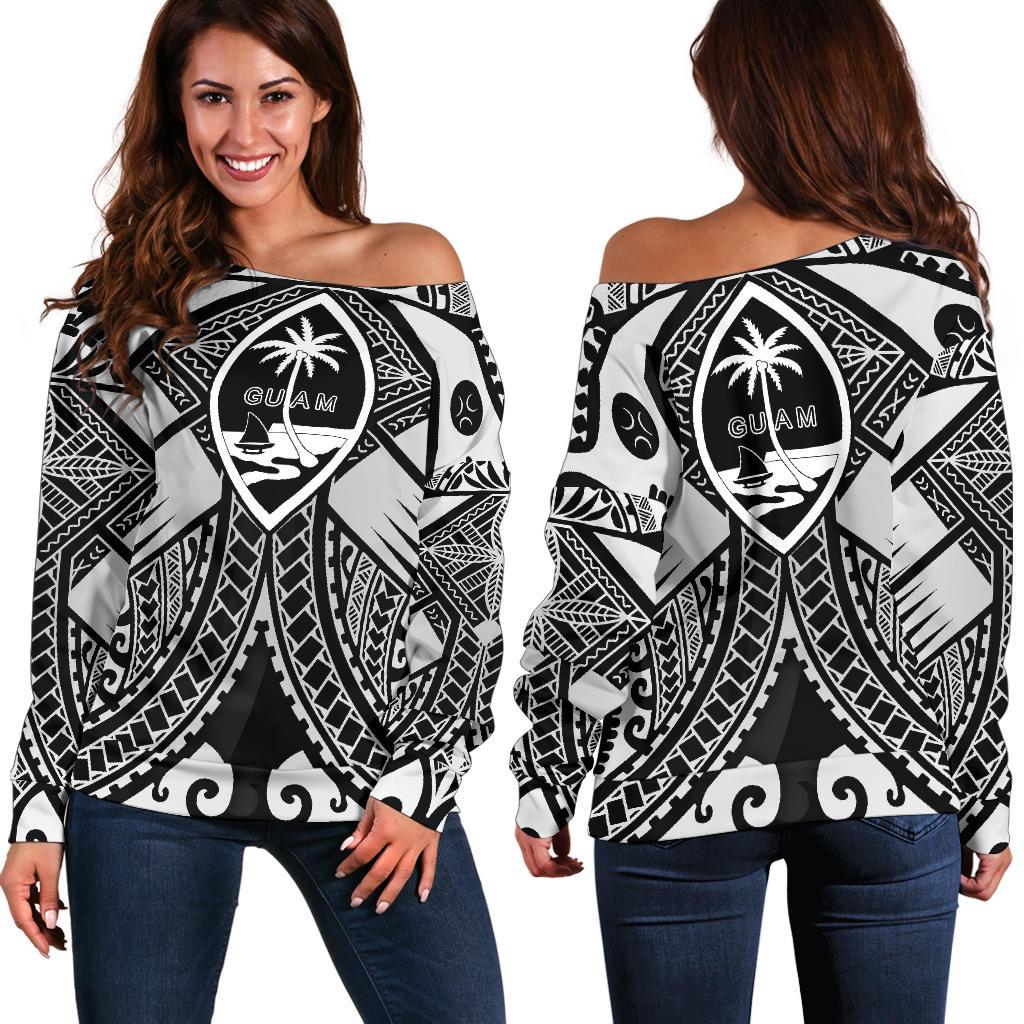 Guam Polynesian Women's Off Shoulder Sweater - Guam White Seal with Polynesian Tattoo Ver 01 White - Polynesian Pride