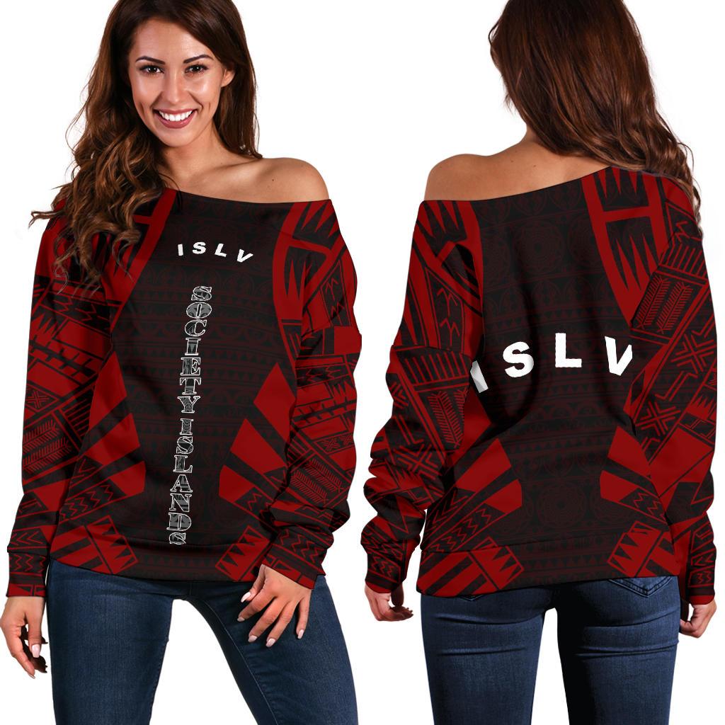 Society Islands Women's Off Shoulder Sweater - Polynesian Tattoo Red Red - Polynesian Pride