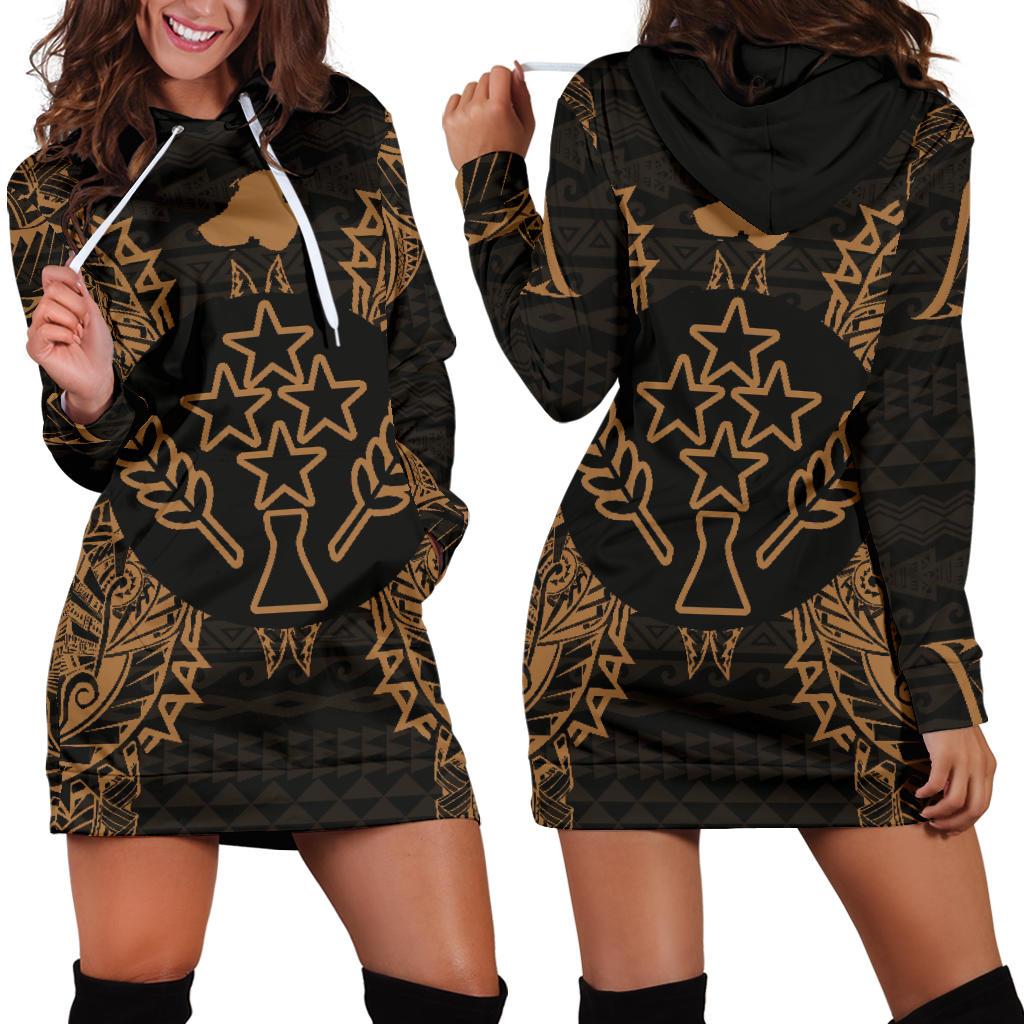 Kosrae Polynesian Hoodie Dress Map Gold Gold - Polynesian Pride