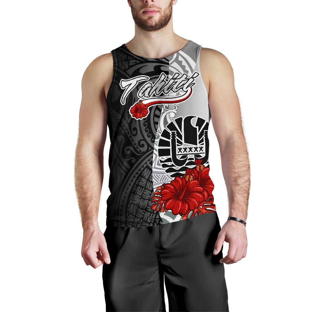 Tahiti Polynesian Men's Tank Top - Coat Of Arm With Hibiscus White - Polynesian Pride