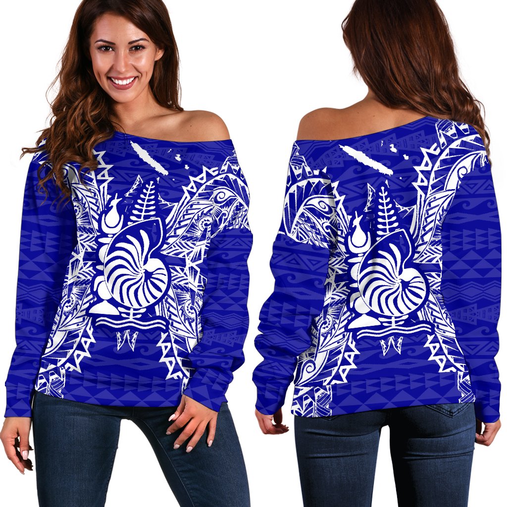 New Caledonia Polynesian Shoulder Sweater Map Blue Blue - Polynesian Pride