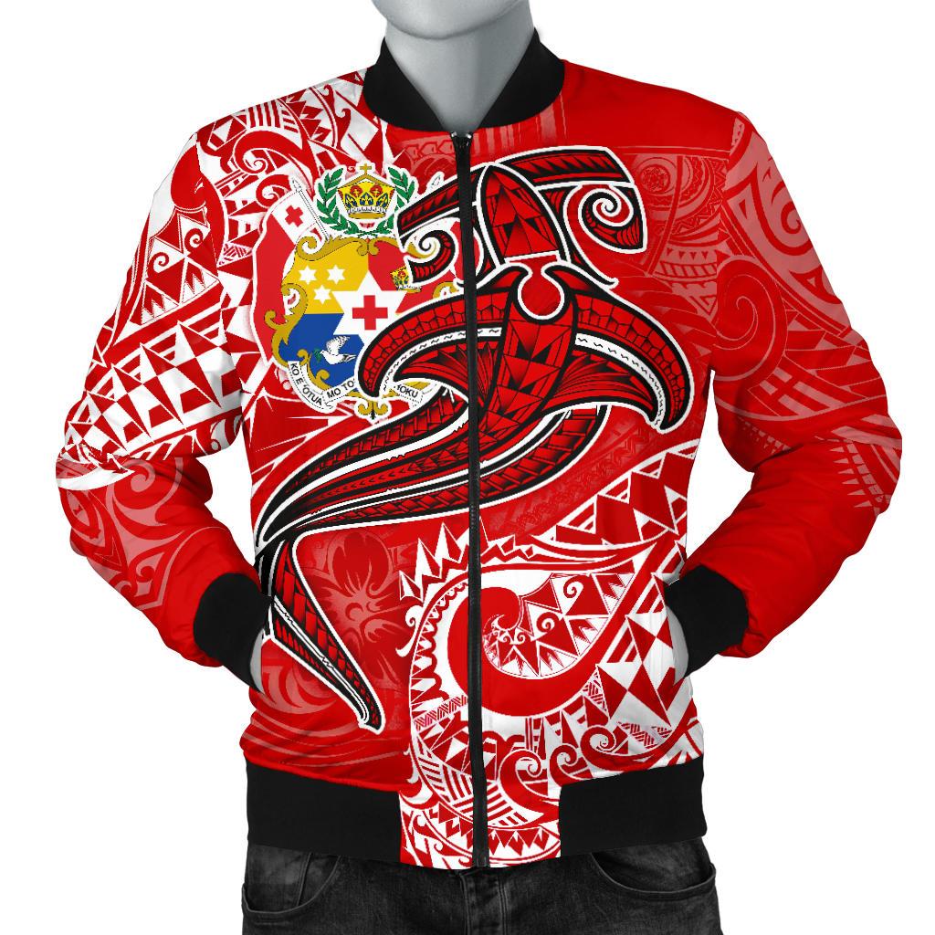 Tonga Men's Bomber Jacket - Red Shark Polynesian Tattoo Red - Polynesian Pride