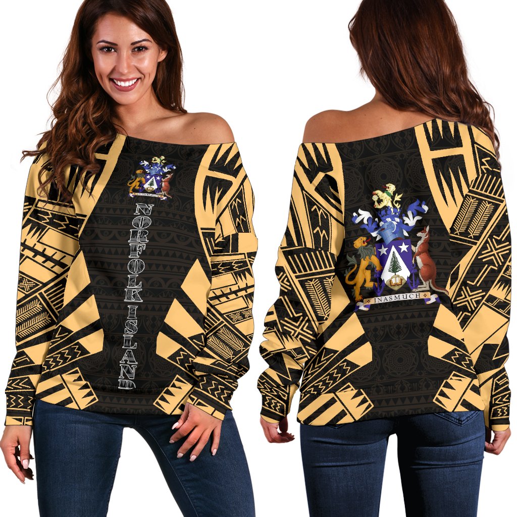 Norfolk Island Women's Off Shoulder Sweater - Polynesian Tattoo Gold Gold - Polynesian Pride