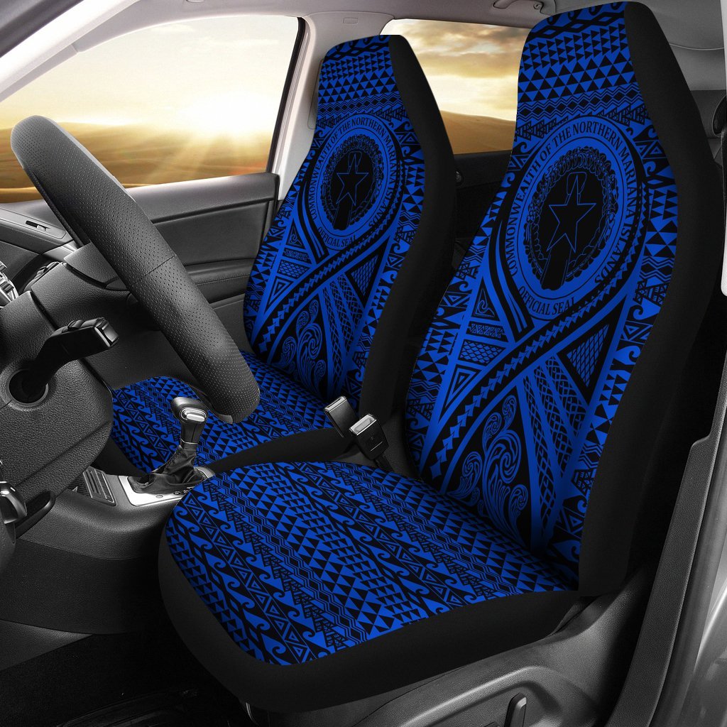 Northern Mariana Islands Car Seat Cover - Northern Mariana Islands Seal Polynesian Tattoo Blue Universal Fit Blue - Polynesian Pride