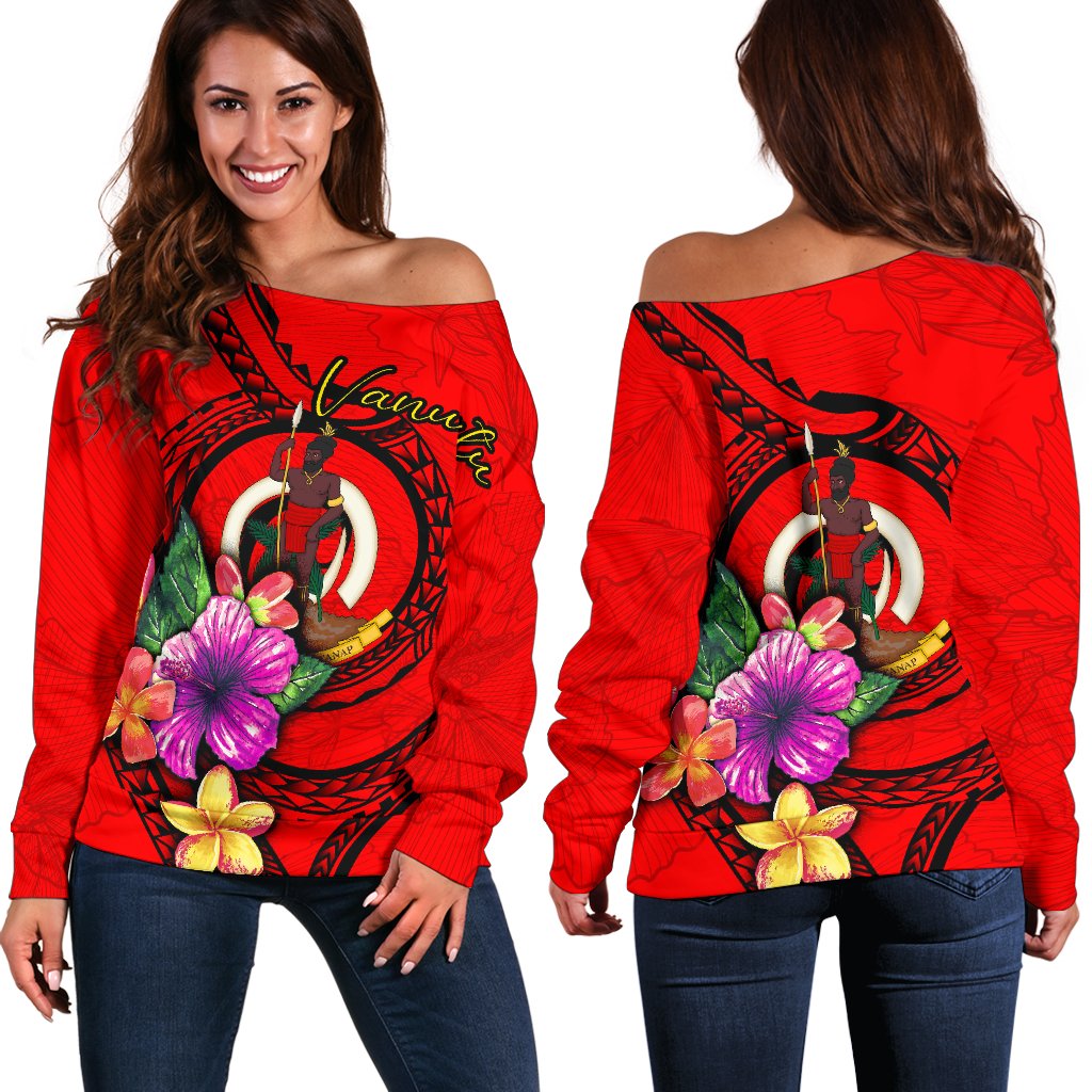 Vanuatu Polynesian Women's Off Shoulder Sweater - Floral With Seal Red Red - Polynesian Pride