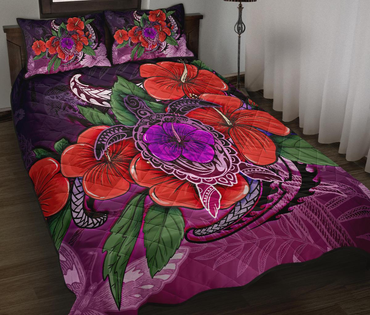 Polynesian Quilt Bed Set - Purple Hibiscus Turtle Flowing Art - Polynesian Pride