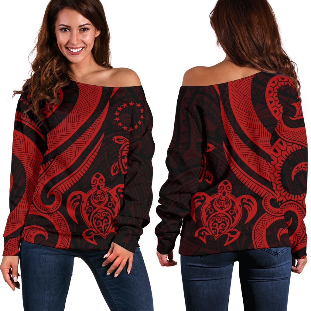 Cook Islands Women's Off Shoulder Sweater - Red Tentacle Turtle Red - Polynesian Pride