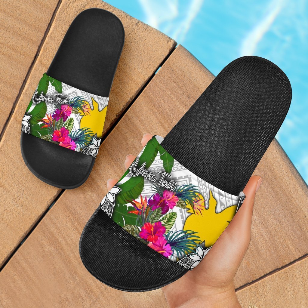 Papua New Guinea Custom Personalised Slide Sandals White - Turtle Plumeria Banana Leaf Black - Polynesian Pride