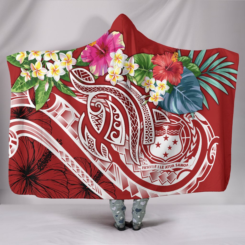 Polynesian Samoa Hooded Blanket - Summer Plumeria (Red) Hooded Blanket Red - Polynesian Pride