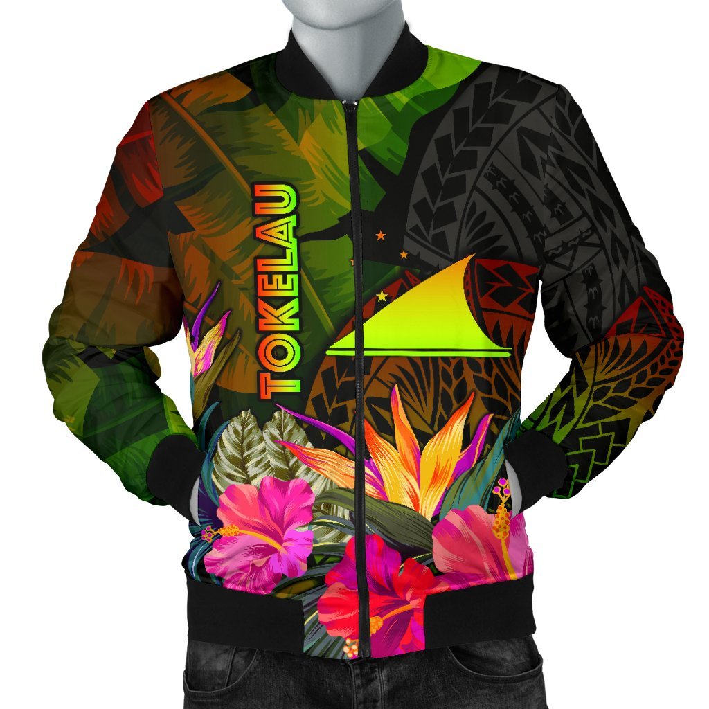 Tokelau Polynesian Men's Bomber Jacket - Hibiscus and Banana Leaves Reggae - Polynesian Pride
