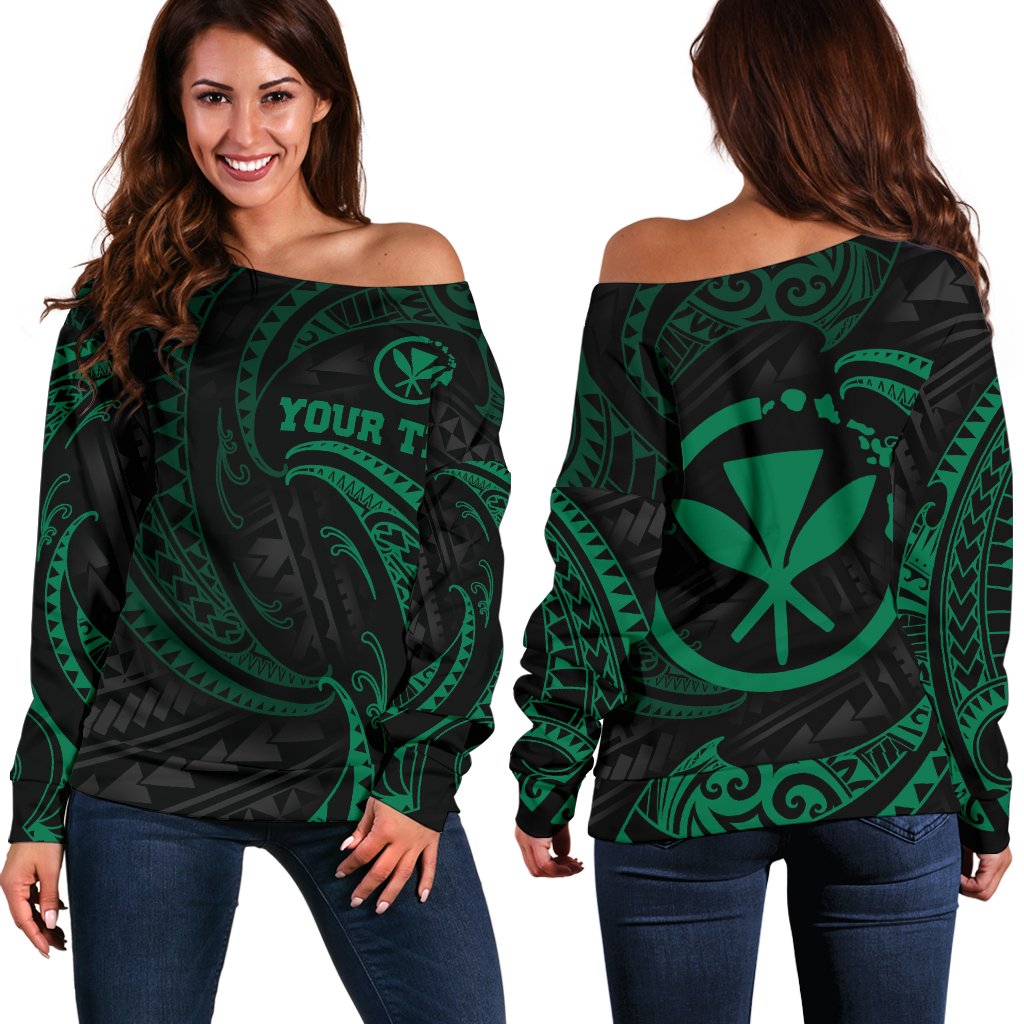 Hawaii Polynesian Custom Personalised Women's Off Shoulder Sweater - Green Tribal Wave Green - Polynesian Pride