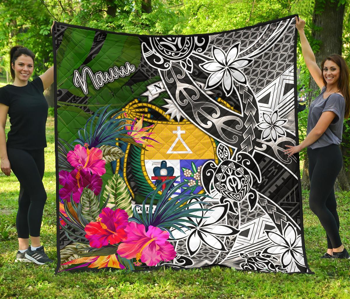 Nauru Premium Quilt - Turtle Plumeria Banana Leaf Crest Black - Polynesian Pride