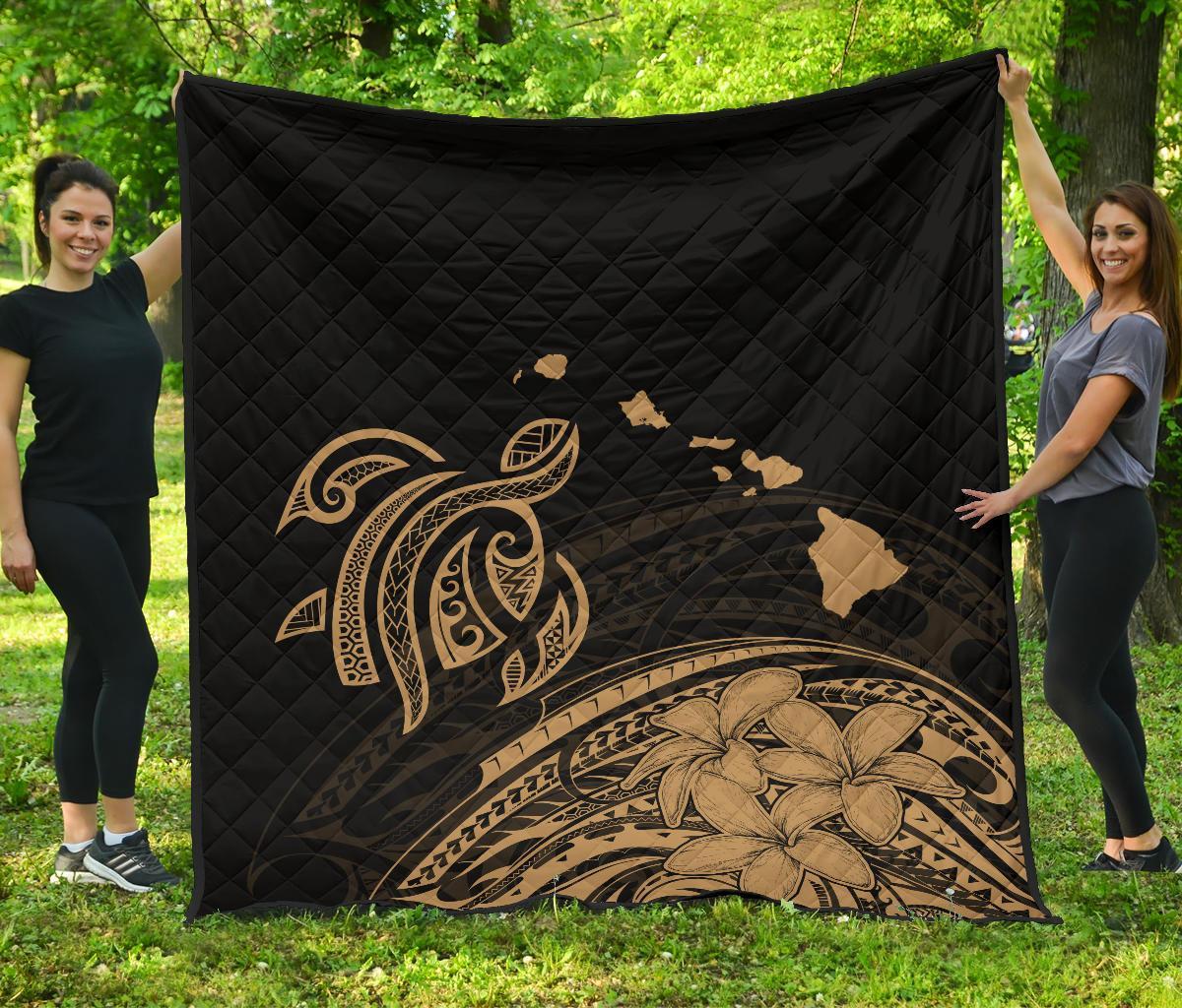 Hawaii Map Plumeria Polynesian Gold Premium Quilt Gold - Polynesian Pride