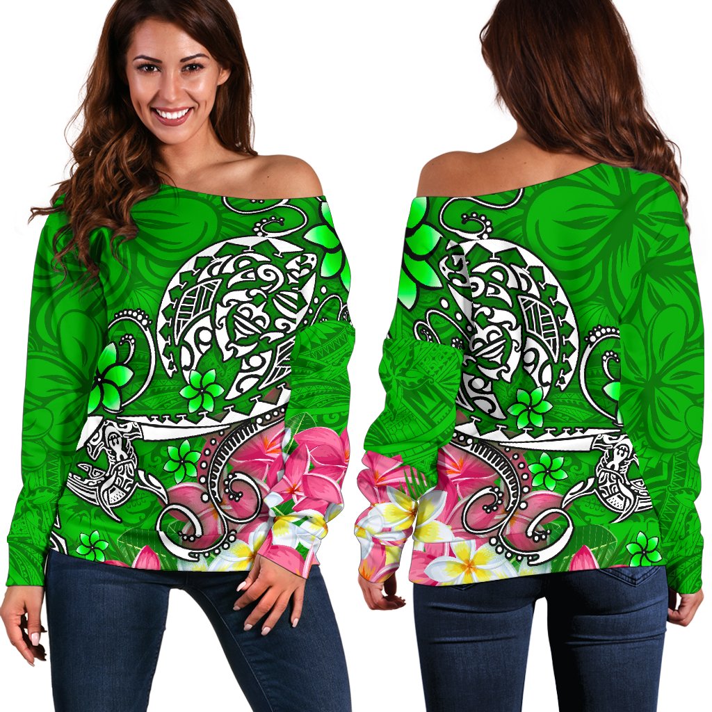 Polynesian Women's Off Shoulder Sweater - Turtle Plumeria Green Color Green - Polynesian Pride