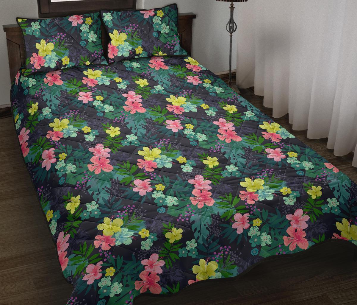 Hawaii Quilt Bed Set Tropical Hibiscus AH Black - Polynesian Pride