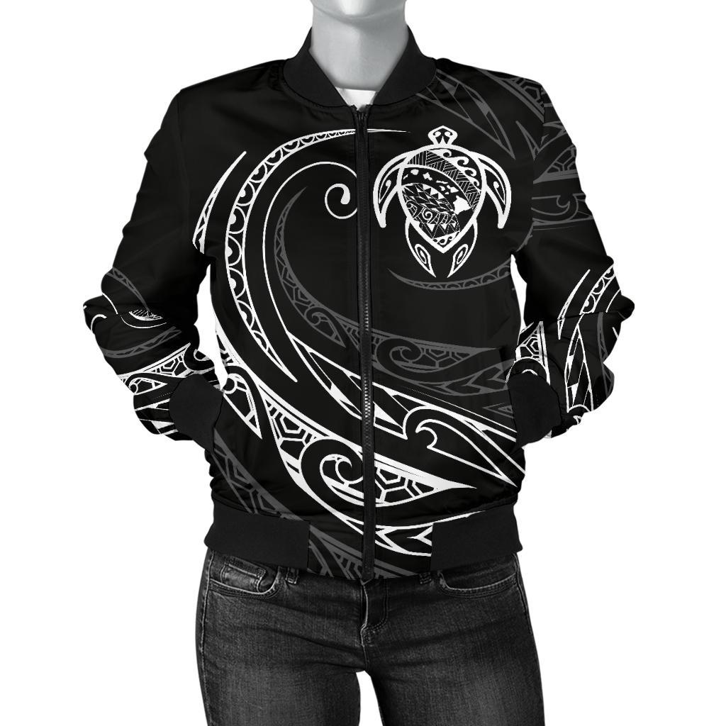 Hawaii Turtle Map Polynesian Women's Bomber Jacket - White - Frida Style White - Polynesian Pride