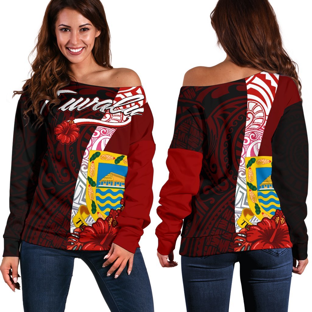 Tuvalu Polynesian Women's Off Shoulder Sweater - Coat Of Arm With Hibiscus Red - Polynesian Pride