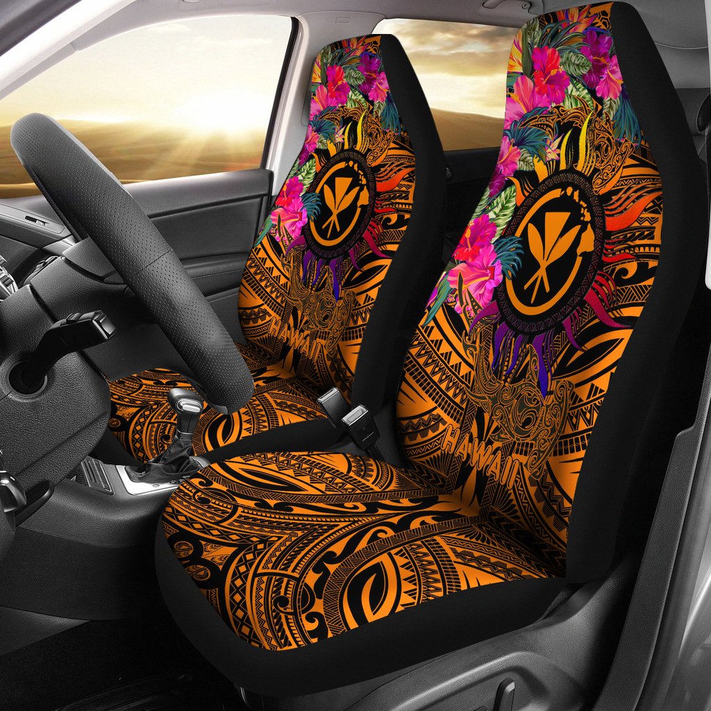 Polynesian Hawaii Kanaka Maoli Car Seat Covers - Hibiscus Flowers & Polynesian Patterns Universal Fit Orange - Polynesian Pride