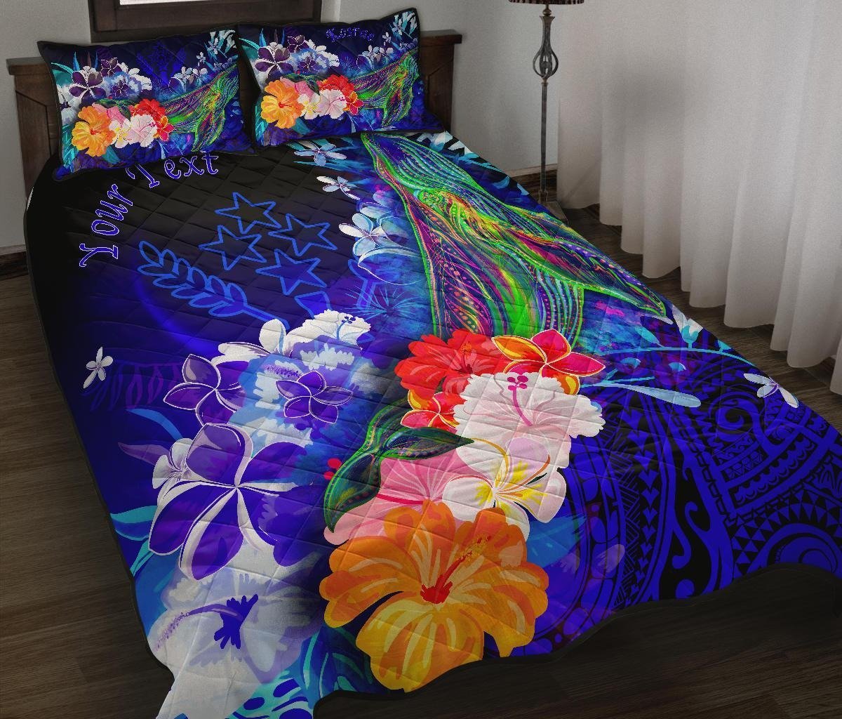 Kosrae Custom Personalised Quilt Bed Set - Humpback Whale with Tropical Flowers (Blue) Blue - Polynesian Pride