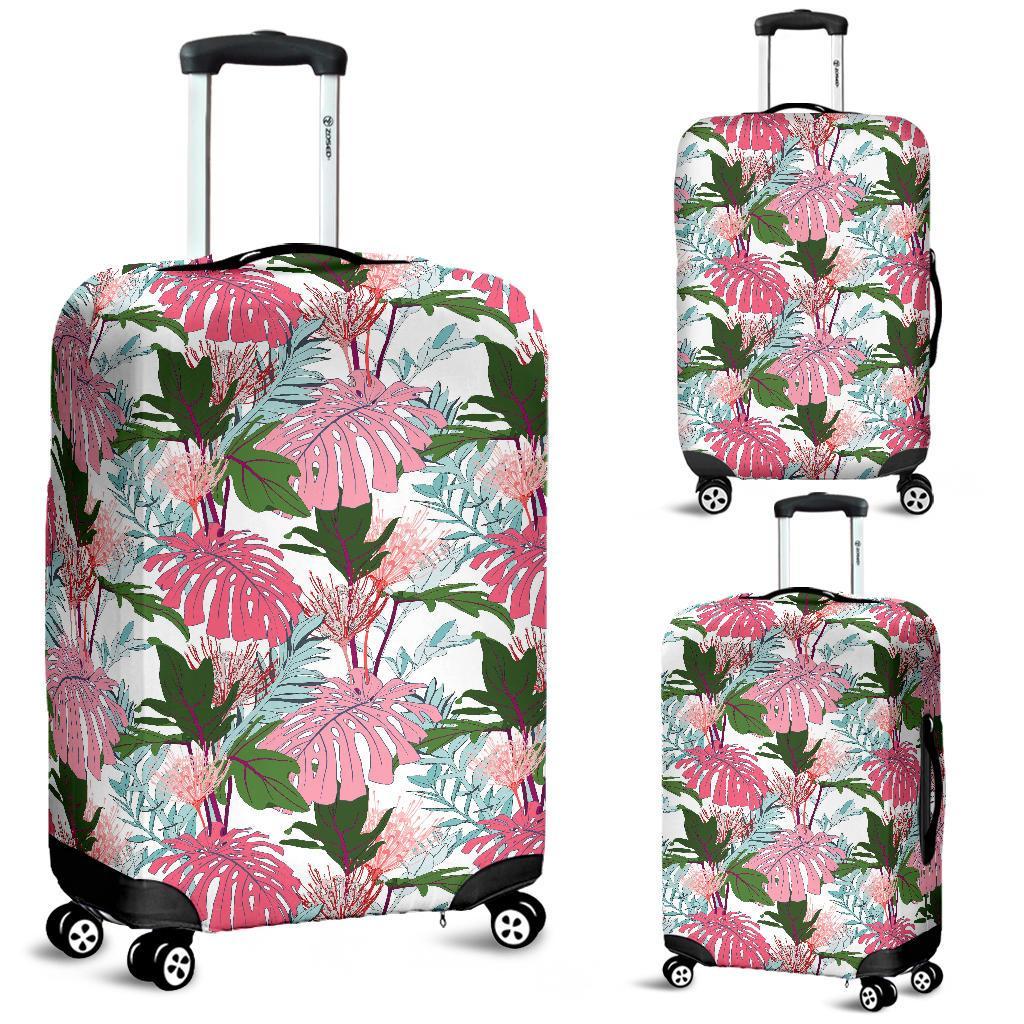 Pink Monstera And Green Tropical Leaves White Luggage Cover White - Polynesian Pride