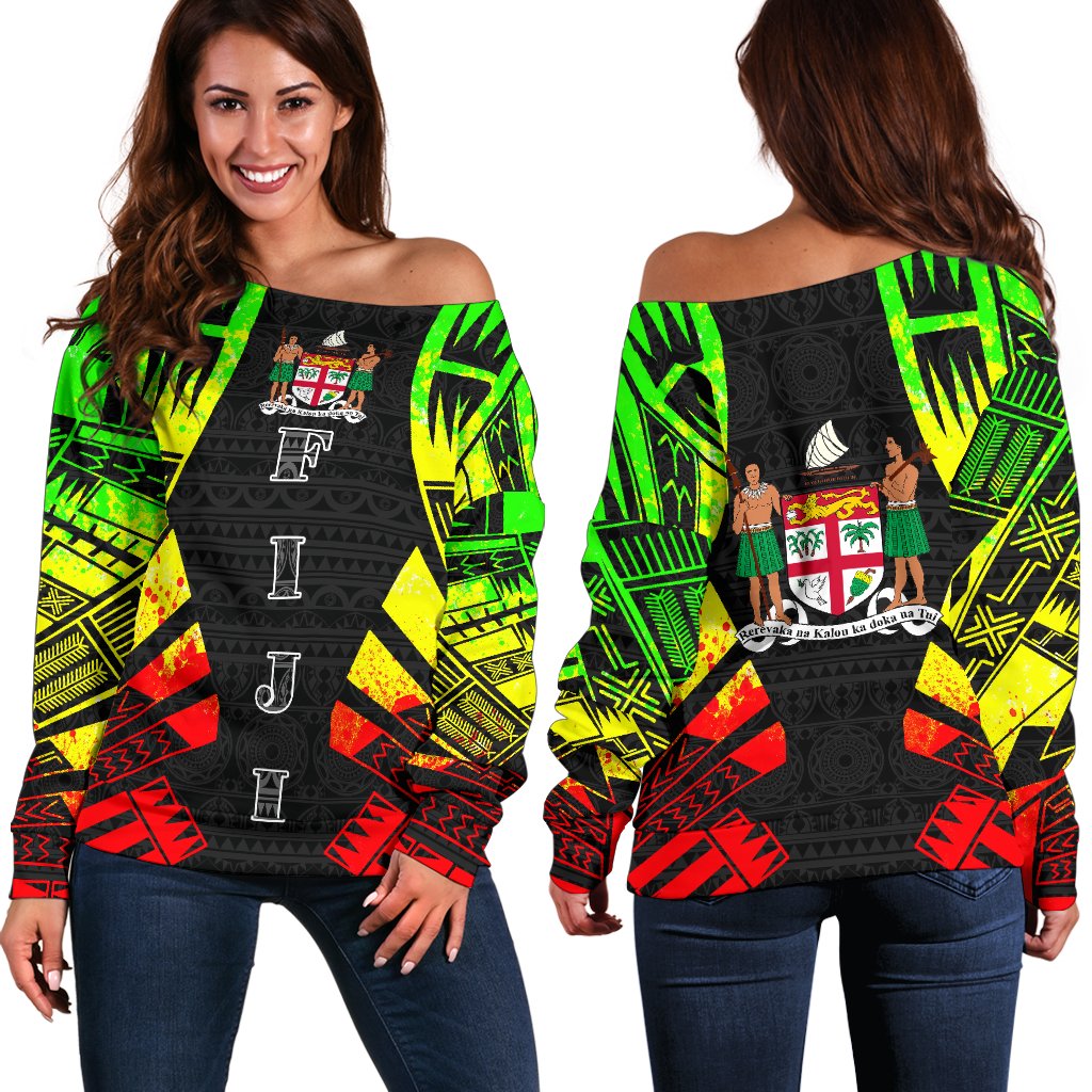 Fiji Women's Off Shoulder Sweater - Polynesian Tattoo Reggae Art - Polynesian Pride