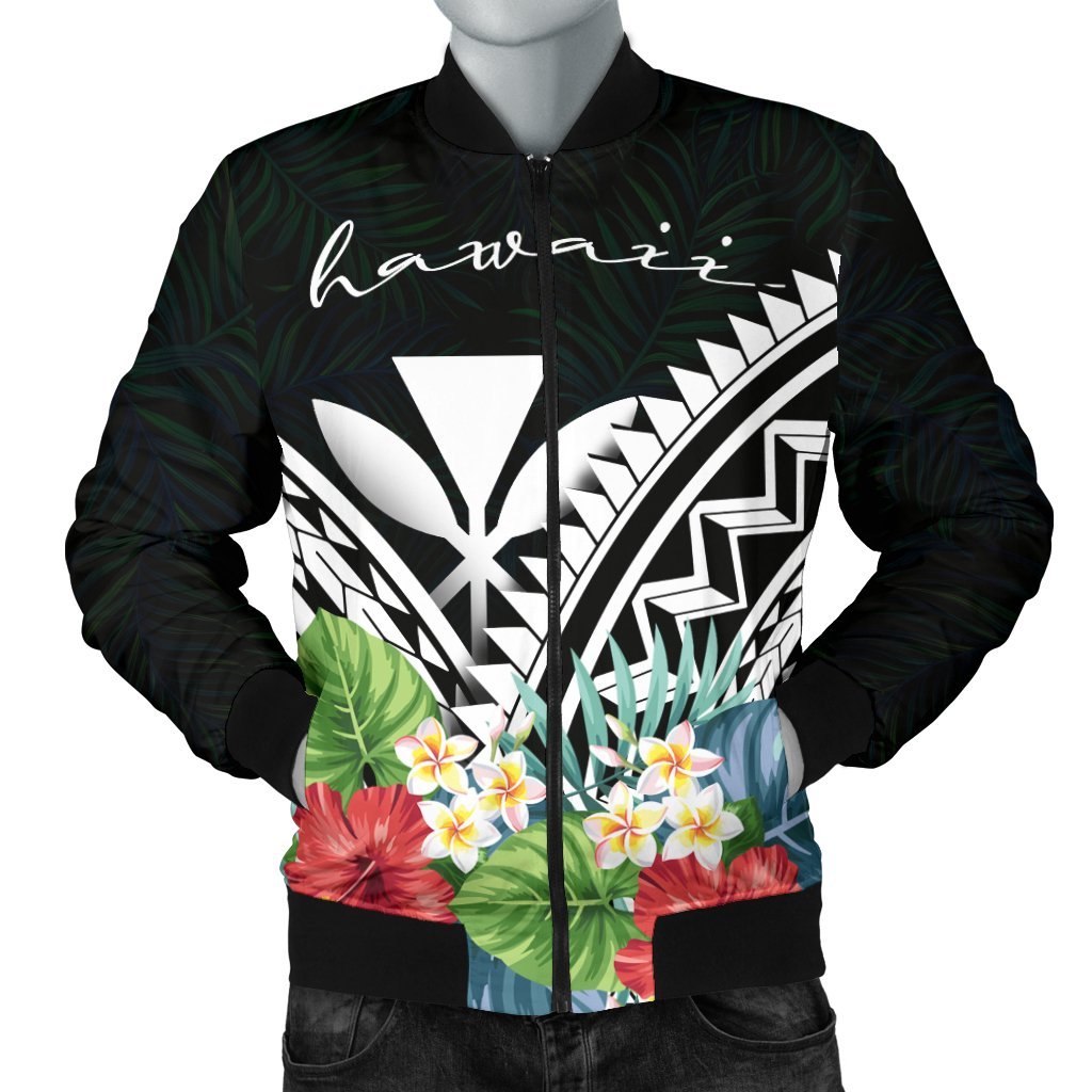 Hawaii Men's Bomber Jacket - Hawaii Coat of Arms & Polynesian Tropical Flowers White White - Polynesian Pride