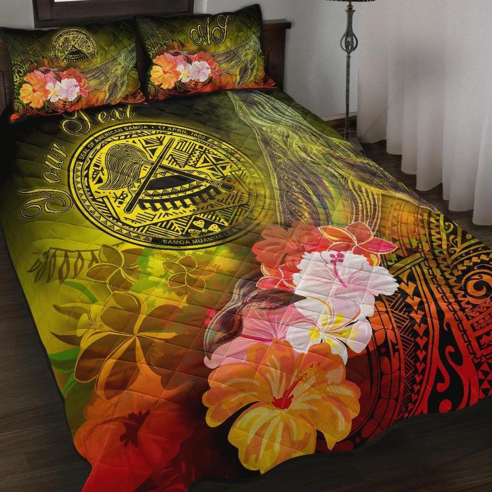 American Samoa Polynesian Custom Personalised Quilt Bed Set - Humpback Whale with Tropical Flowers Yellow - Polynesian Pride