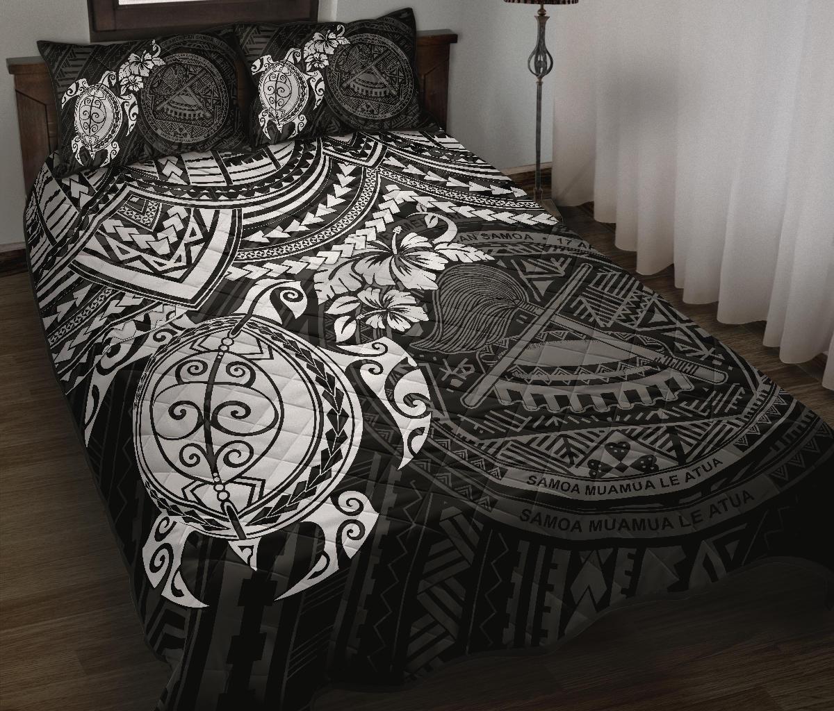 American Samoa Polynesian Quilt Bed Set - American Samoa Seal & White Turtle Hibiscus BLACK - Polynesian Pride