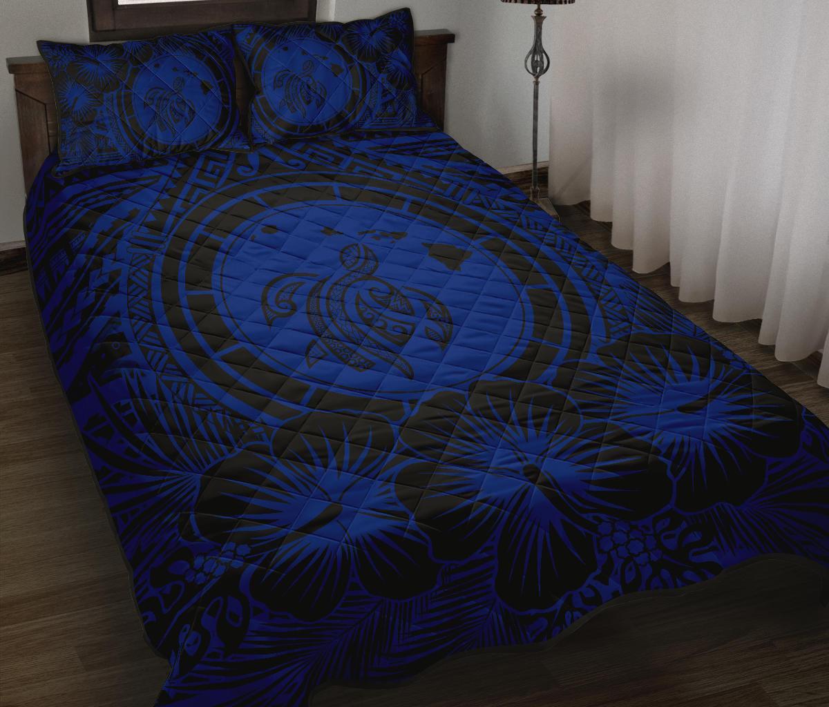 Hawaiian Map Honu Hibiscus Blue Polynesian Quilt Bed Set - Polynesian Pride
