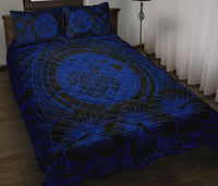 Hawaiian Map Honu Hibiscus Blue Polynesian Quilt Bed Set - Polynesian Pride